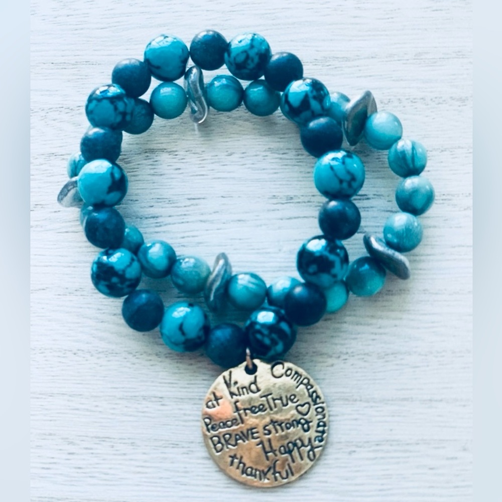 Anthropologie, Blue Fire Agate Natural Gemstone Bracelets, W Gold Charm, New
